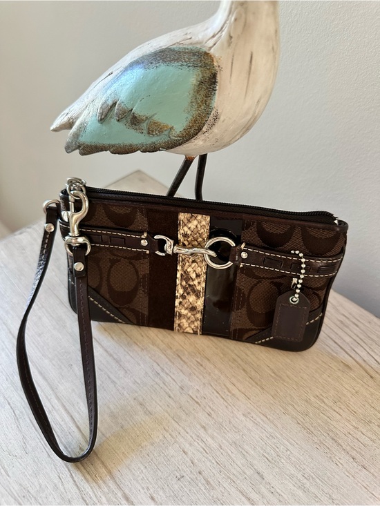 Coach Handbags - Coach Brown Signature Wristlet with Snakeskin Stripe